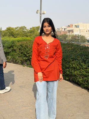 Red Mirror Work Embroidered Cotton Kurti