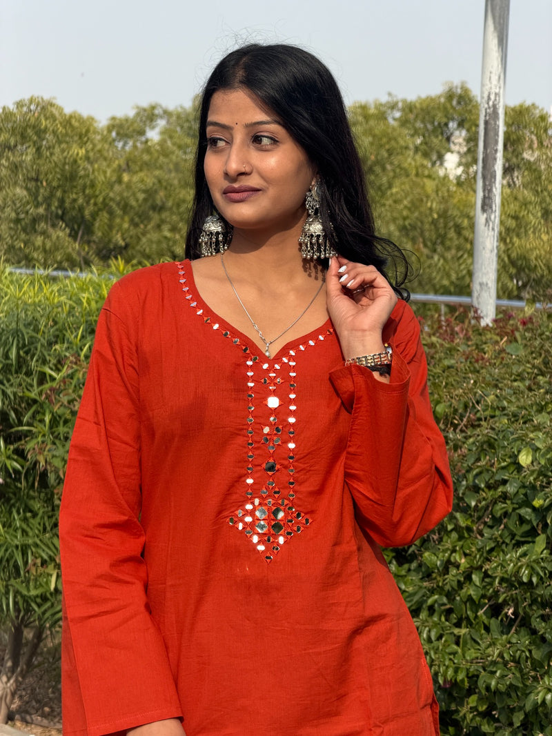 Red Mirror Work Embroidered Cotton Kurti