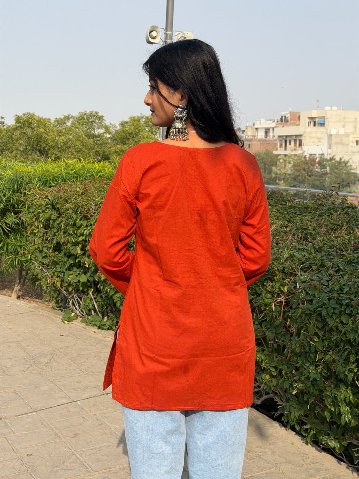 Red Mirror Work Embroidered Cotton Kurti