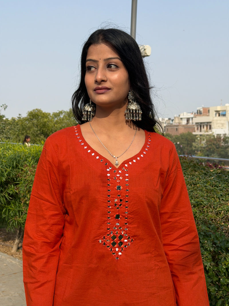 Red Mirror Work Embroidered Cotton Kurti