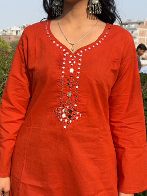 Red Mirror Work Embroidered Cotton Kurti