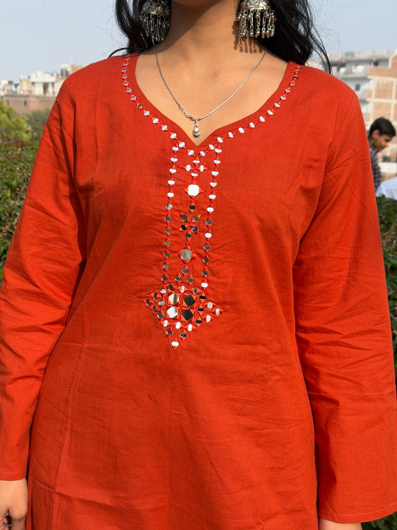Red Mirror Work Embroidered Cotton Kurti