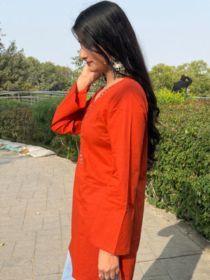 Red Mirror Work Embroidered Cotton Kurti