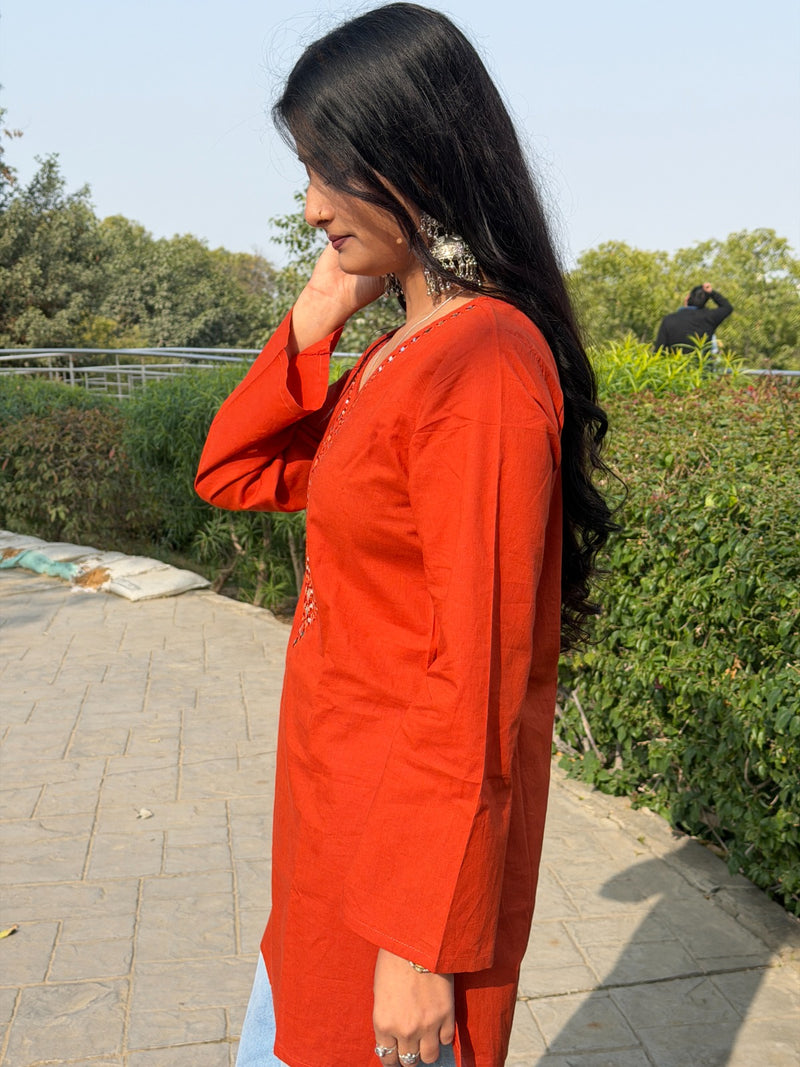 Red Mirror Work Embroidered Cotton Kurti