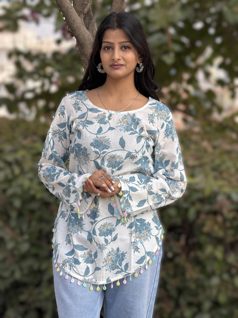 White Floral Print Cotton Kurti with Tassel Hem