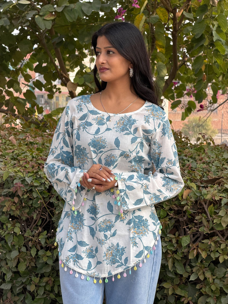 White Floral Print Cotton Kurti with Tassel Hem