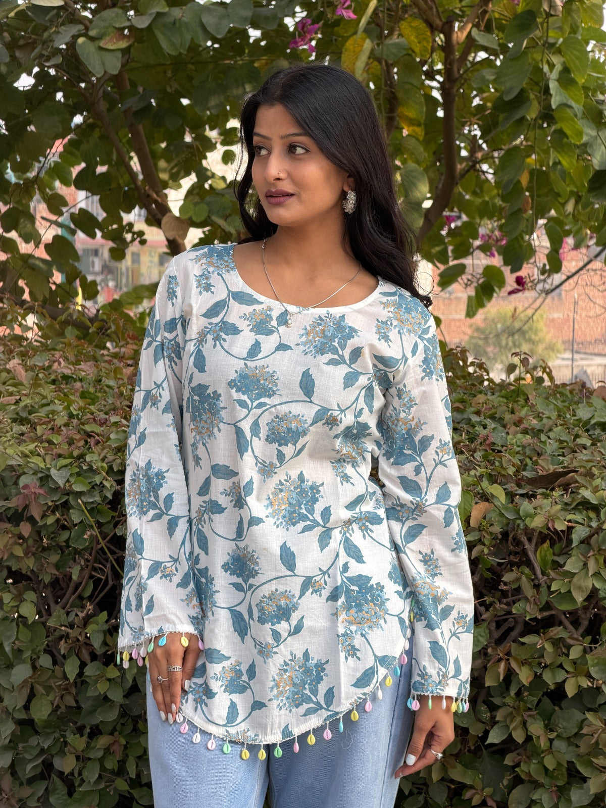 White Floral Print Cotton Kurti with Tassel Hem