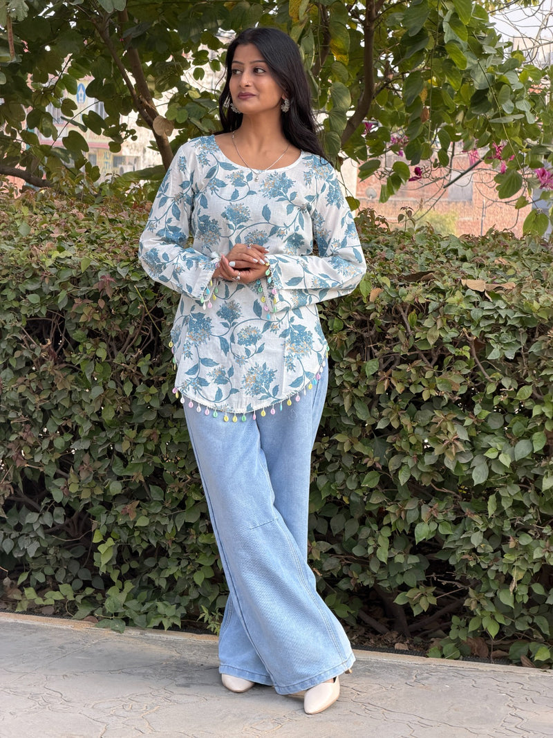 White Floral Print Cotton Kurti with Tassel Hem