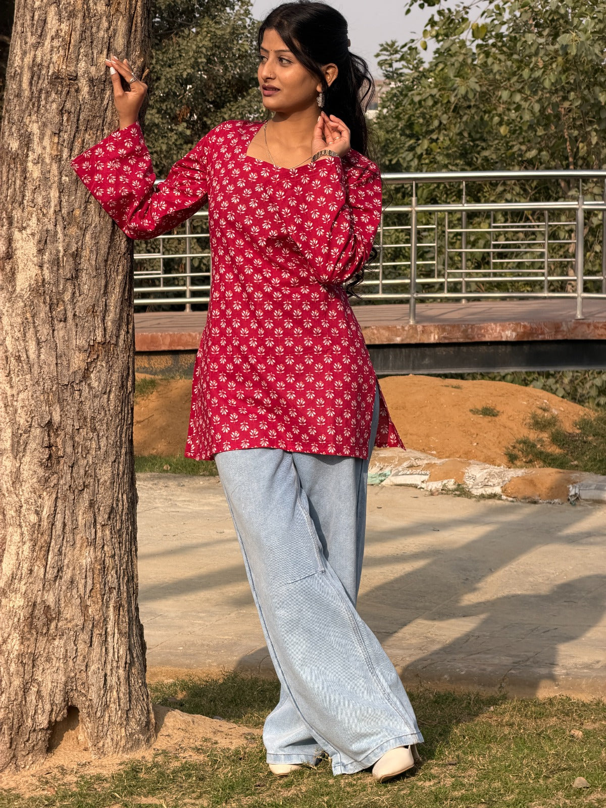 Red Floral Print Cotton Short Kurti with Square Neck