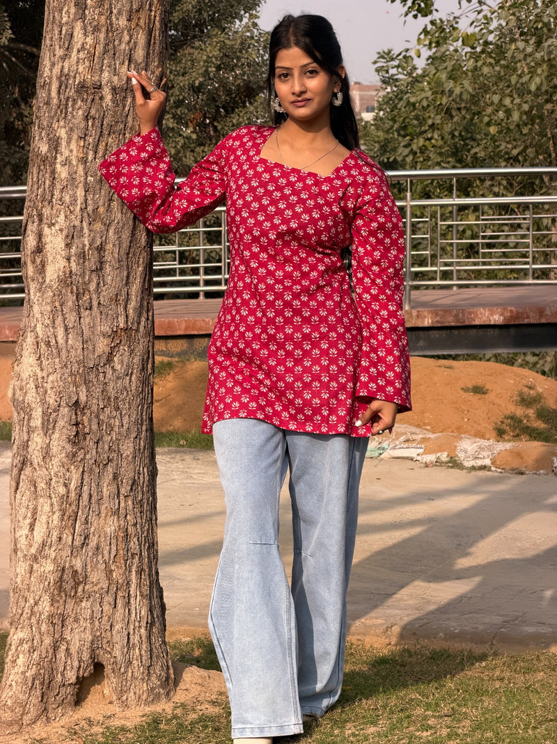 Red Floral Print Cotton Short Kurti with Square Neck