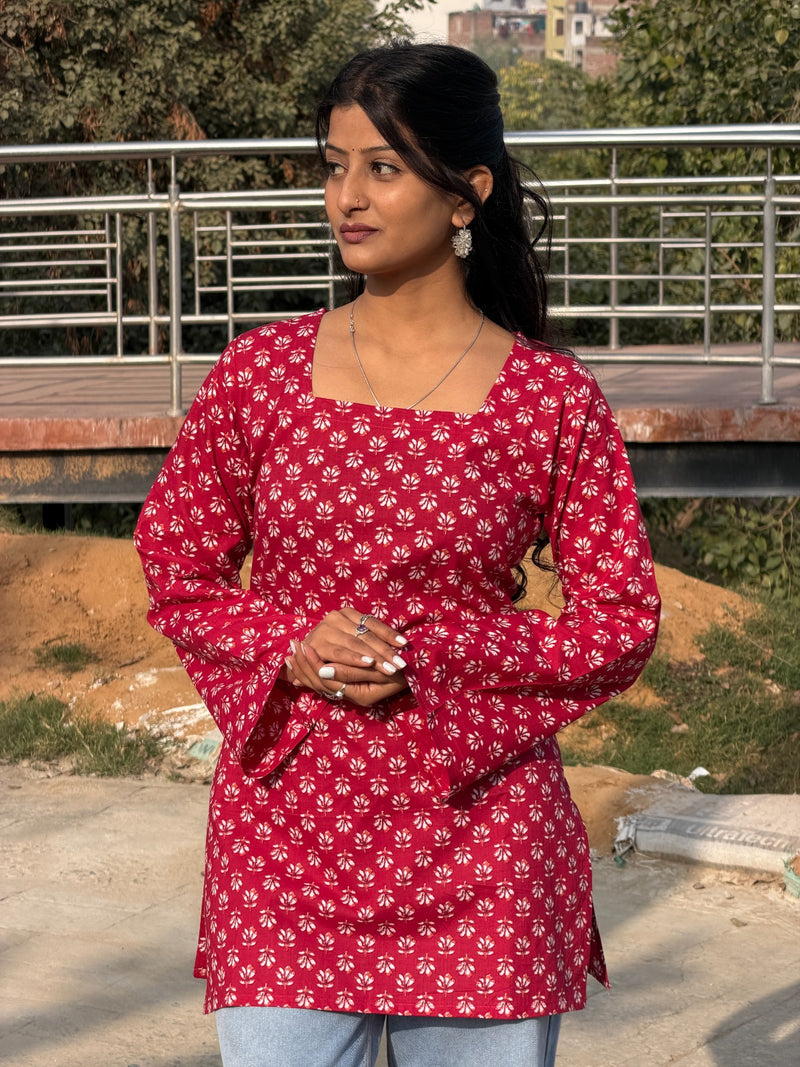 Red Floral Print Cotton Short Kurti with Square Neck