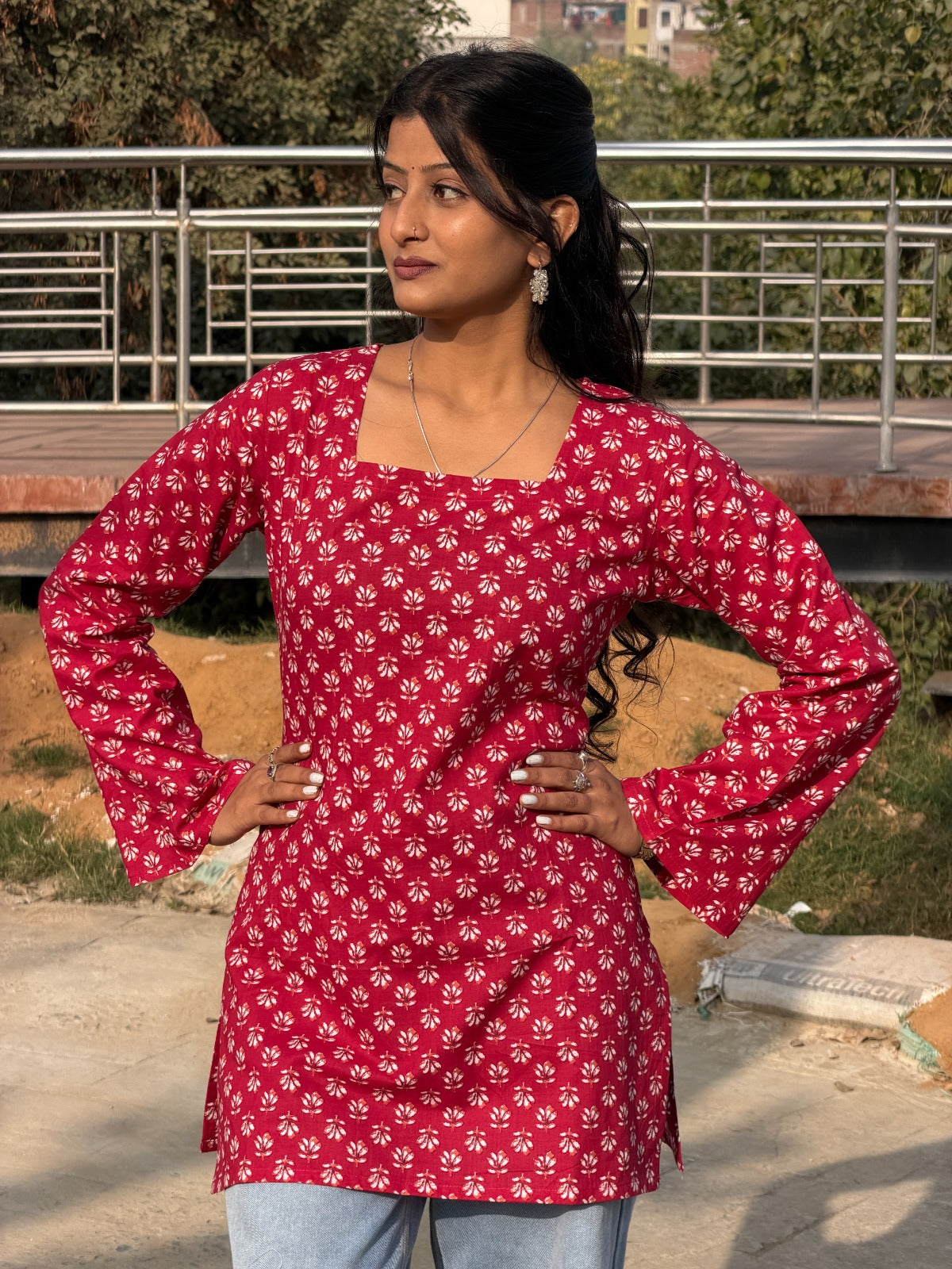 Red Floral Print Cotton Short Kurti with Square Neck