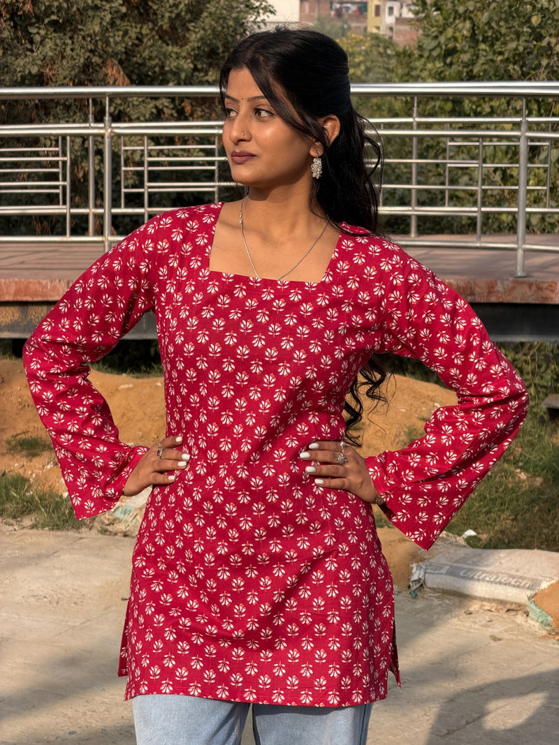 Red Floral Print Cotton Short Kurti with Square Neck