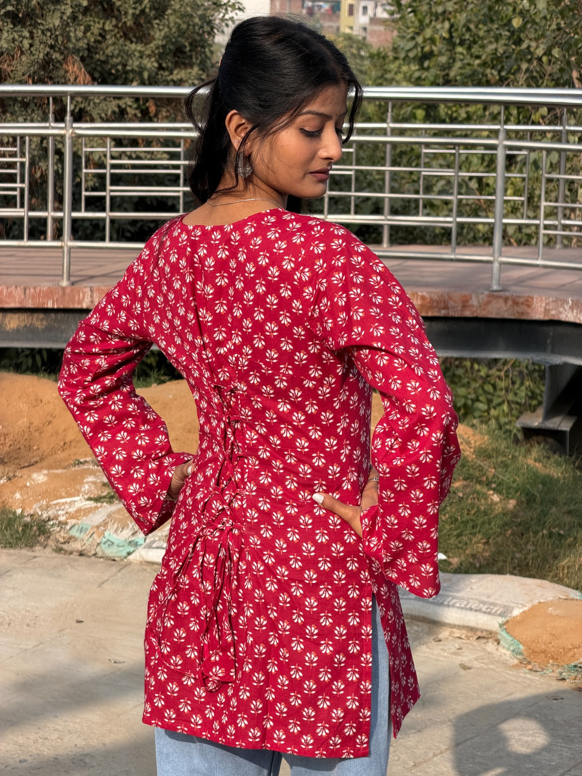 Red Floral Print Cotton Short Kurti with Square Neck