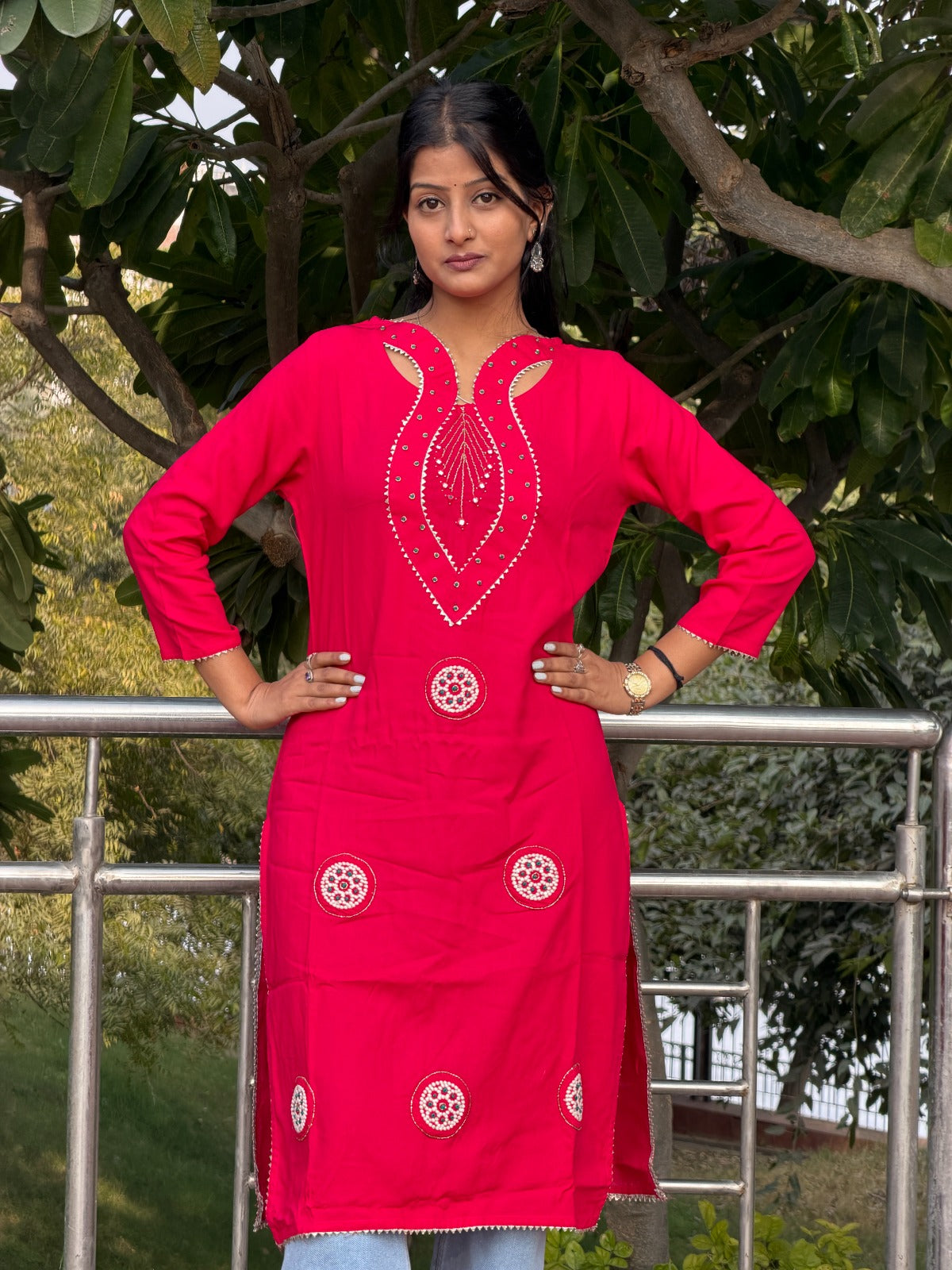 Hot Pink Embroidered Cotton Long Kurti with Sequin Detail