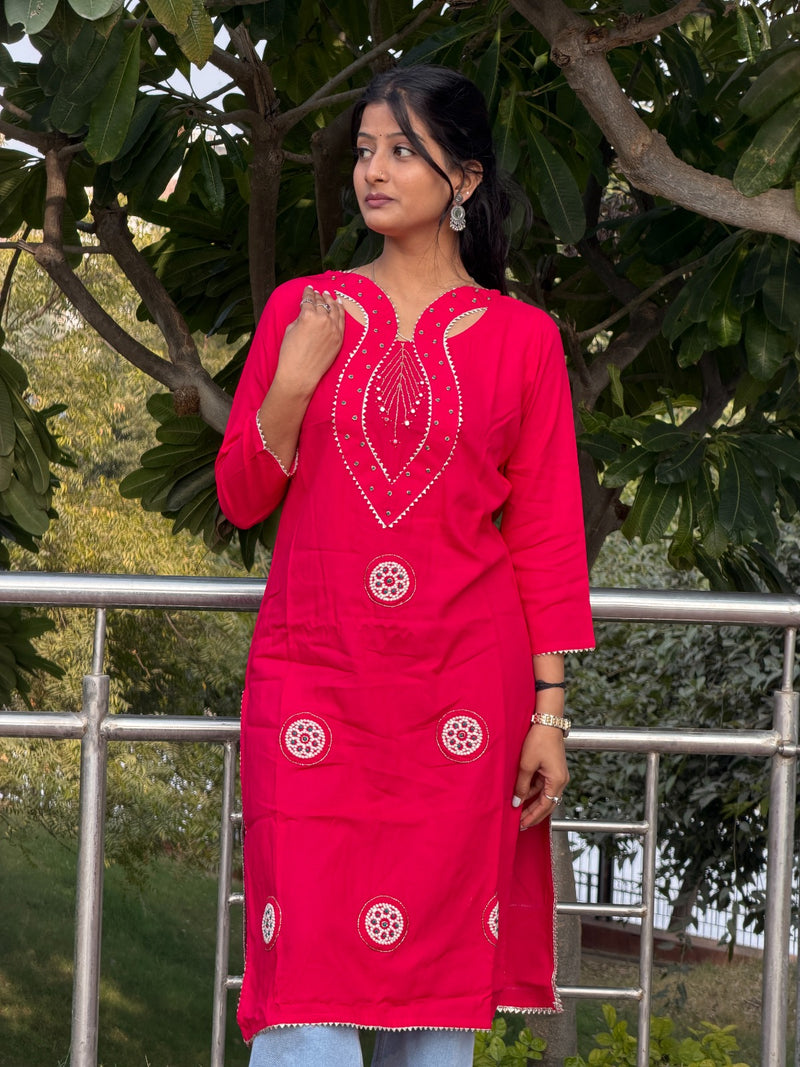 Hot Pink Embroidered Cotton Long Kurti with Sequin Detail