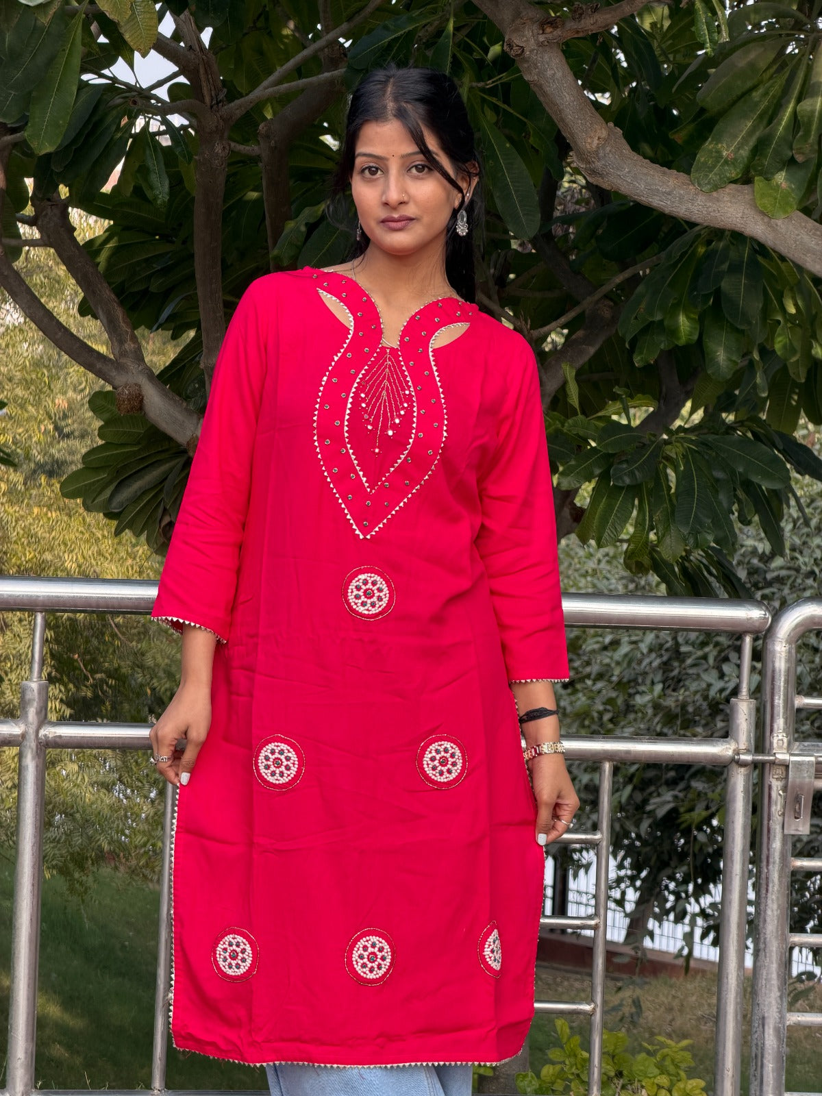 Hot Pink Embroidered Cotton Long Kurti with Sequin Detail