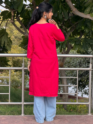 Hot Pink Embroidered Cotton Long Kurti with Sequin Detail