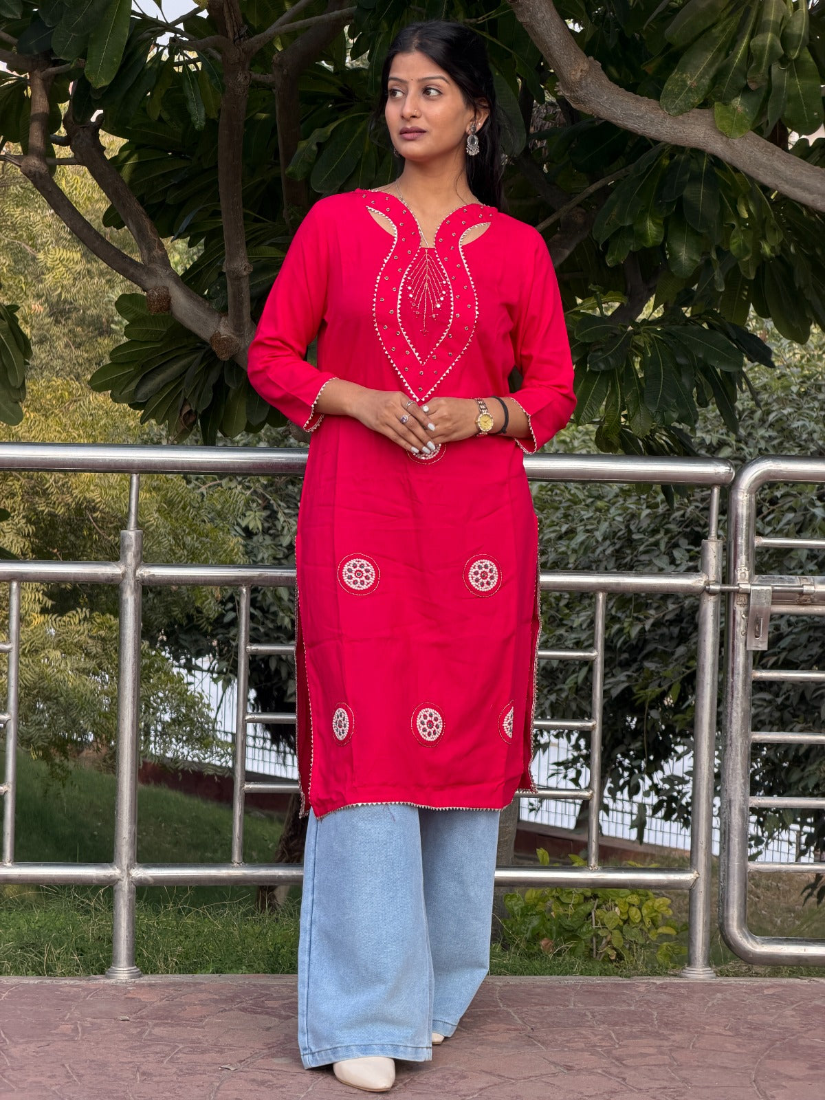 Hot Pink Embroidered Cotton Long Kurti with Sequin Detail