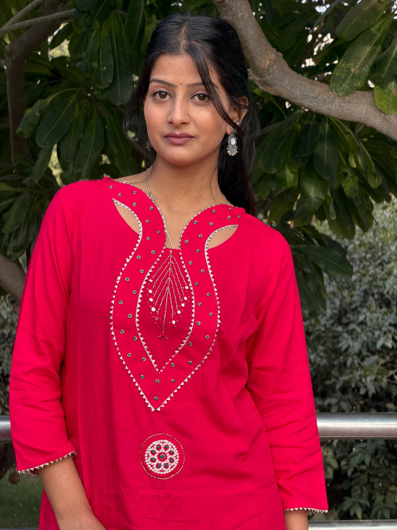 Hot Pink Embroidered Cotton Long Kurti with Sequin Detail