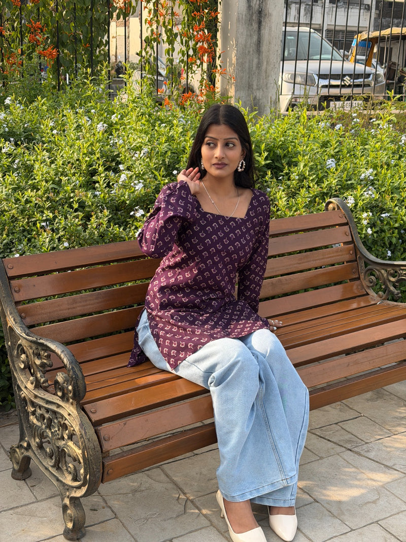 Deep Purple Floral Print Cotton Short Kurti with Square Neck