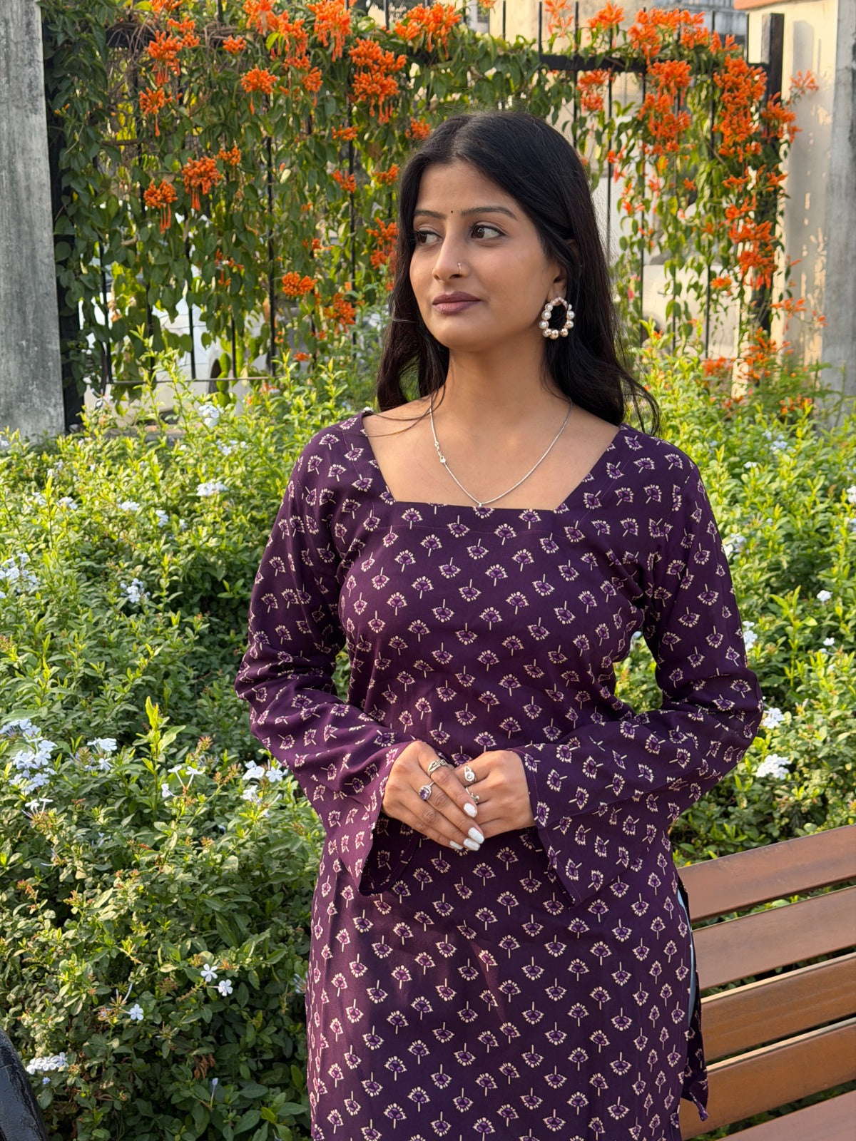 Deep Purple Floral Print Cotton Short Kurti with Square Neck