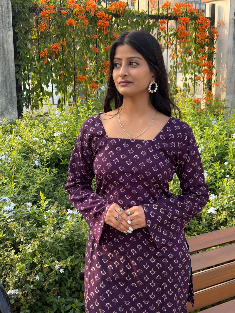 Deep Purple Floral Print Cotton Short Kurti with Square Neck