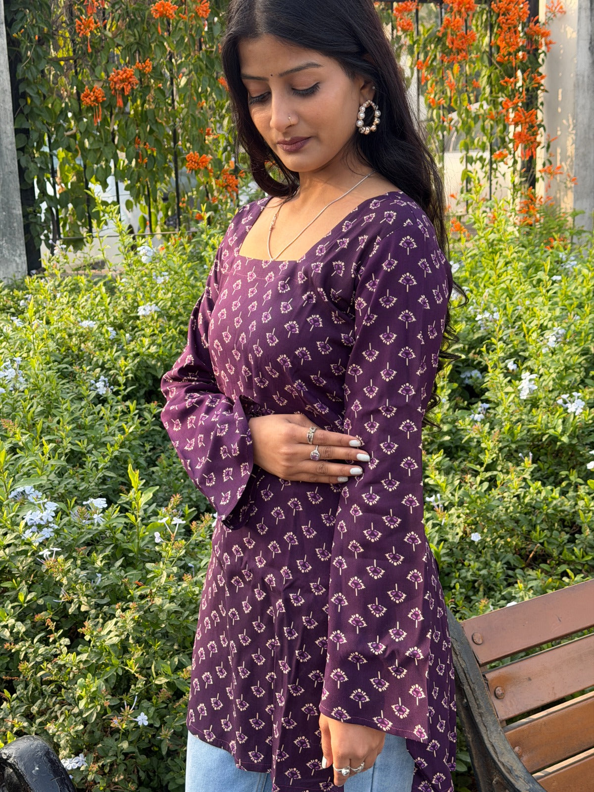 Deep Purple Floral Print Cotton Short Kurti with Square Neck