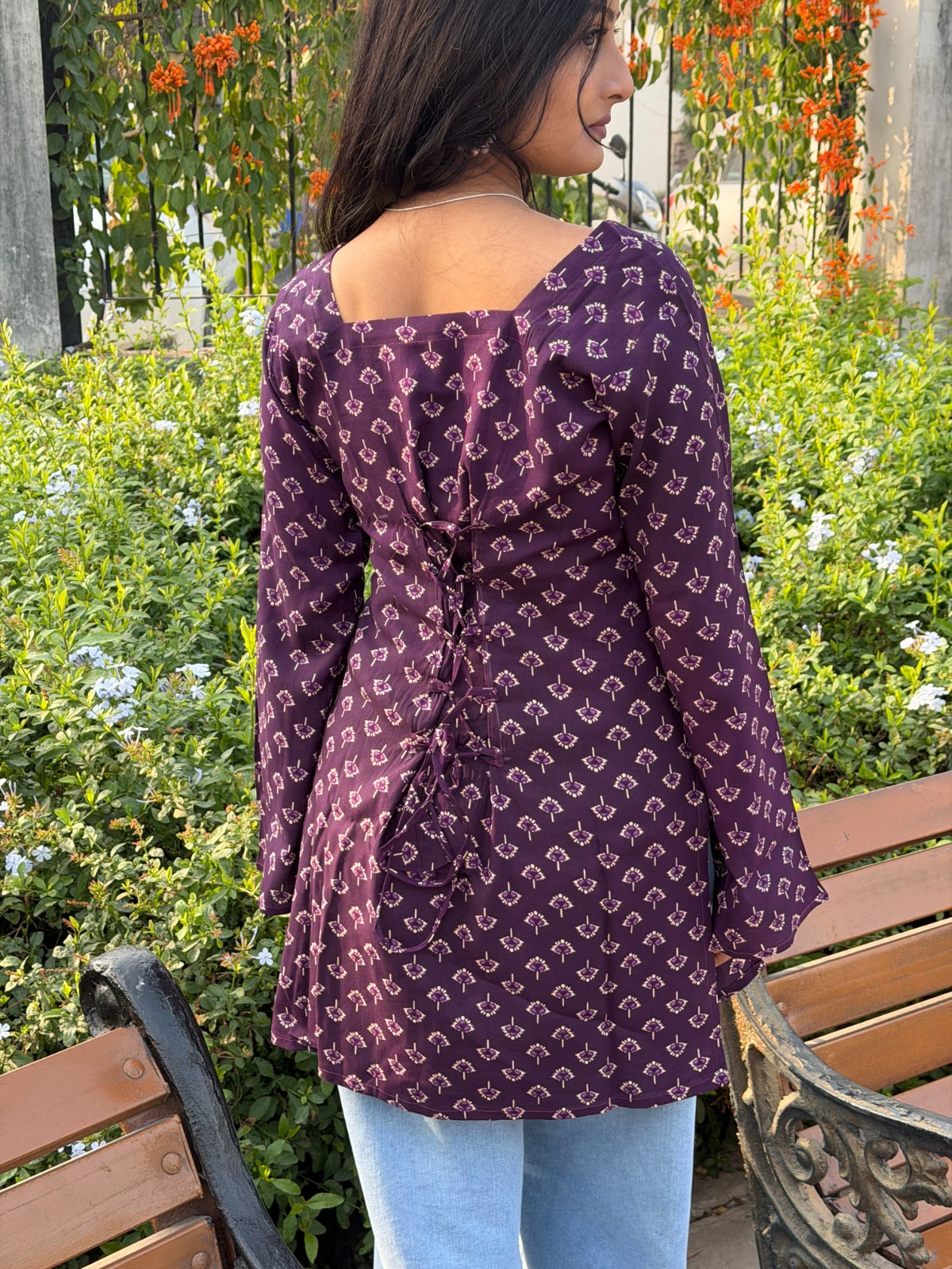 Deep Purple Floral Print Cotton Short Kurti with Square Neck