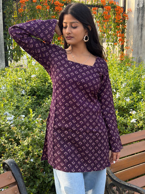 Deep Purple Floral Print Cotton Short Kurti with Square Neck