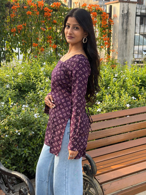 Deep Purple Floral Print Cotton Short Kurti with Square Neck