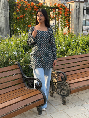 Navy Blue Geometric Print Cotton Short Kurti with Square Neck