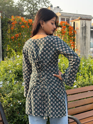Navy Blue Geometric Print Cotton Short Kurti with Square Neck