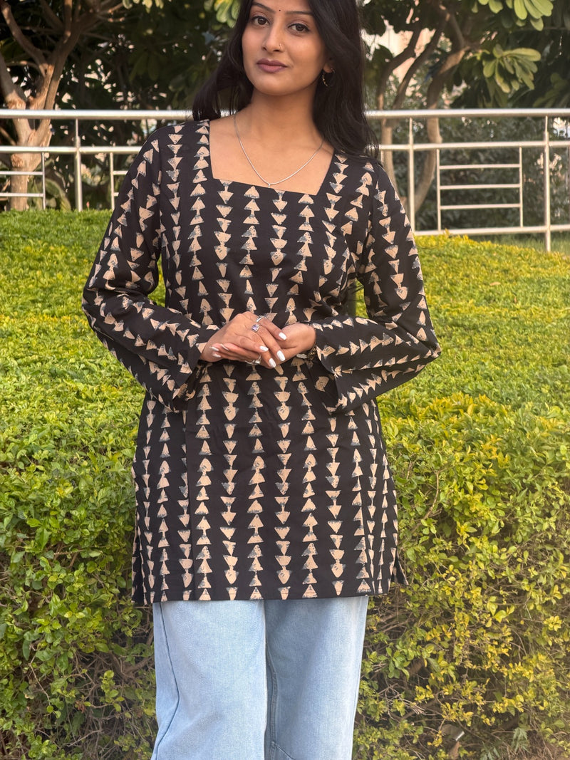 Chocolate Brown Tribal Print Cotton Long Kurti with Square Neck