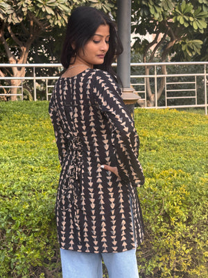 Chocolate Brown Tribal Print Cotton Long Kurti with Square Neck