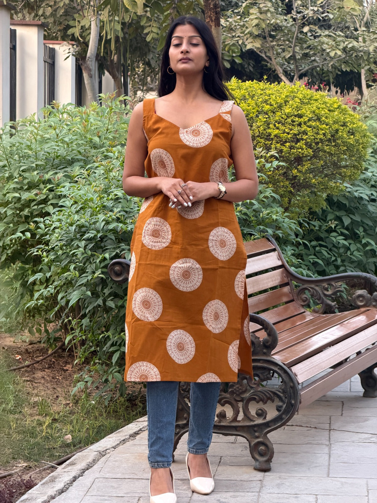 Mustard Yellow Large Floral Print Cotton Sleeveless Kurti