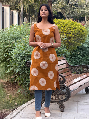 Mustard Yellow Large Floral Print Cotton Sleeveless Kurti