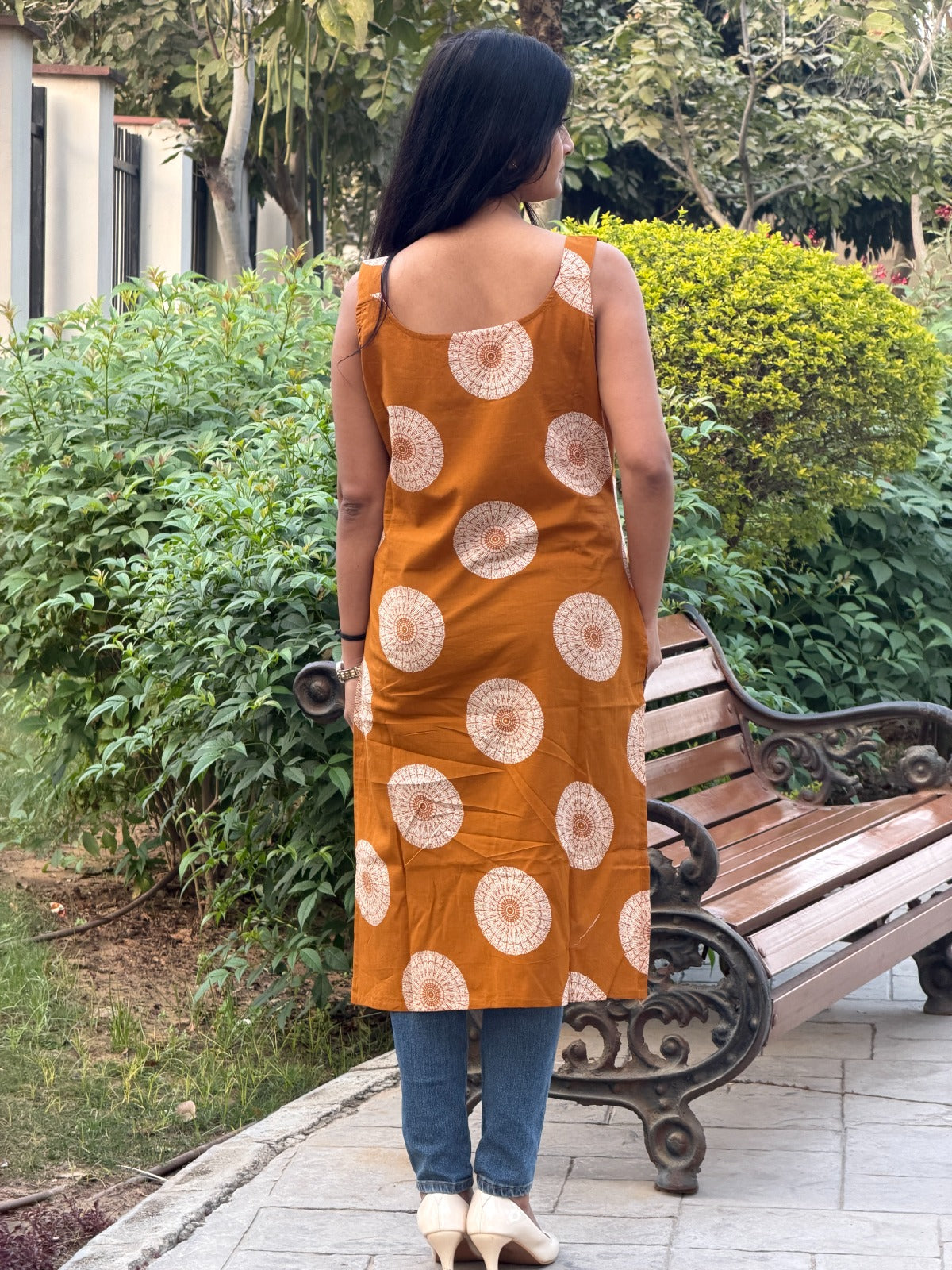 Mustard Yellow Large Floral Print Cotton Sleeveless Kurti