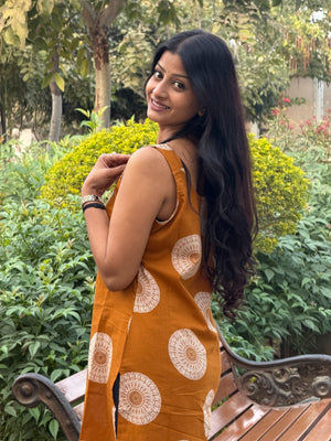 Mustard Yellow Large Floral Print Cotton Sleeveless Kurti