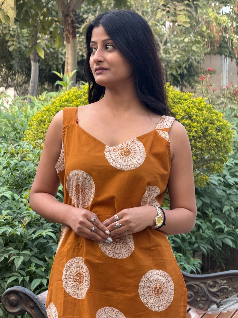 Mustard Yellow Large Floral Print Cotton Sleeveless Kurti